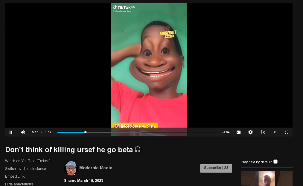 one of the videos in the weird pic channel: "Don't think of killing urself he go beta", the probable previous channel owner talking weird to the camera, no idea what hes saying in it
